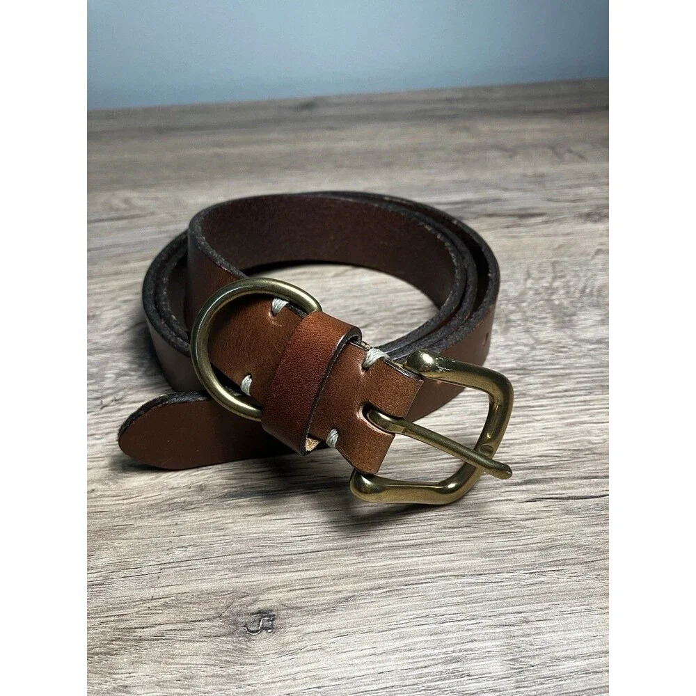 Lands End Genuine Leather Brown Mens Belt Made in England - Solid Brass Buckle